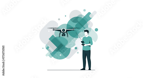 Man Controlling Drone Over Abstract Shapes Illustrating Aerial Technology Operations