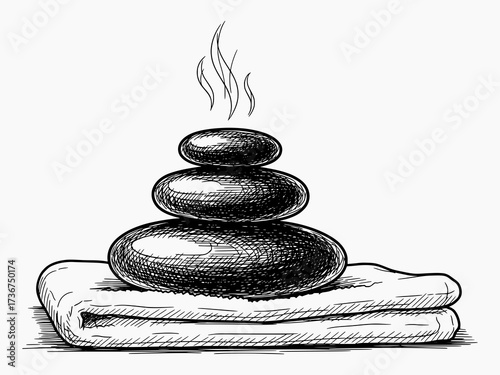 Spa Stones on Towels in Black and White Sketch Style - Vector Illustration for Wellness Design
