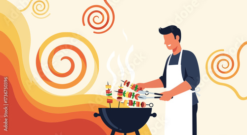 Man cooking barbecue skewers on a grill enjoying a summer day with delicious food illustration