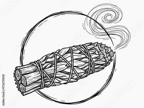 Sage Smudge Stick in Hand-Drawn Sketch Style - Black and White Vector Illustration for Spiritual and Wellness Design