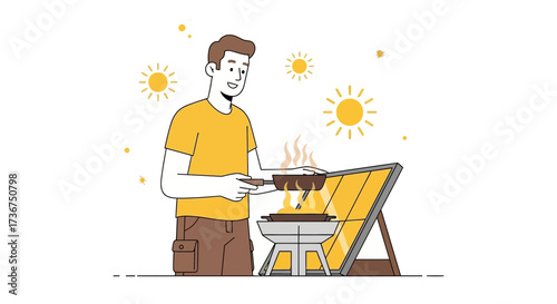 Man cooking with solar panel, eco-friendly energy, sustainable cooking, alternative power