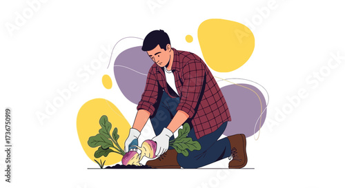 Man Cultivating Fresh Turnip In Garden With Modern Illustrative Artistic Style