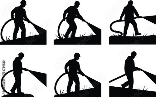 Silhouette construction worker spraying water with hose, labor man wearing helmet, outdoor industrial job, safety occupation, landscaping work, manual laborer silhouette, construction site