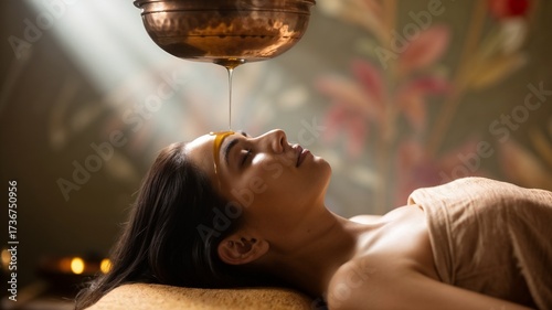 Ayurvedic Shirodhara treatment with warm oil streaming onto forehead, relaxing meditative ambiance