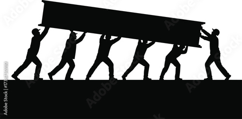 Construction workers lifting beam silhouette, teamwork laborers carrying heavy steel structure, contractor collaboration vector, industrial builders group load carrying design pack