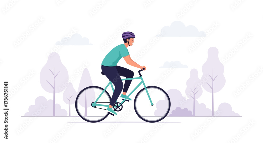 Fototapeta premium Man cycling in park with helmet enjoying the fresh air and doing sport for healthy living