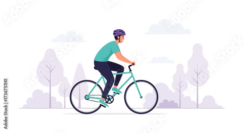 Man cycling in park with helmet enjoying the fresh air and doing sport for healthy living