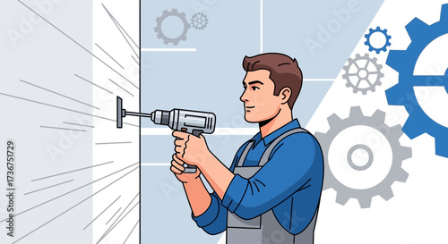 Man Using Drill to Insert Screw Into Wall Shows Installation, Repair, And Construction