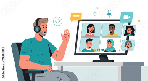 Man Using Headphones in Video Conference Call with Diverse People on Computer Screen