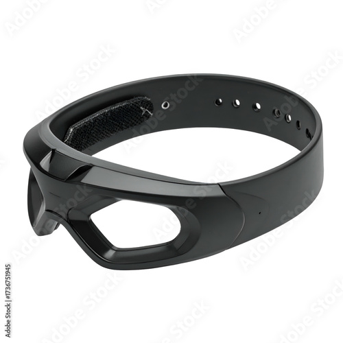 Sleek, modern black device, possibly head-mounted, featuring an eye-shaped aperture, adjustable strap with hook-and-loop fastener, and a minimalist, futuristic design, presented on a black...