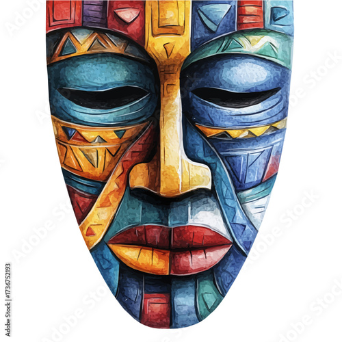 Wooden Mask, watercolor illustration vector, isolated on a white background.