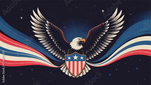 Majestic Bald Eagle with American Shield and Patriotic Red, White, and Blue Banner on Starry Night Sky – USA Freedom Concept Art