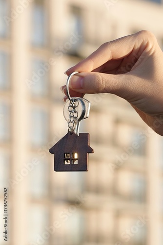 Vertical close up of female real estate agent hand holding house key with home shaped keychain in front of modern apartment building. Real estate concept, property ownership, mortgage approval.