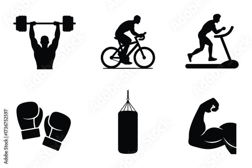 Fitness and sports icons set silhouette representing weightlifting cycling running boxing gym and strength training