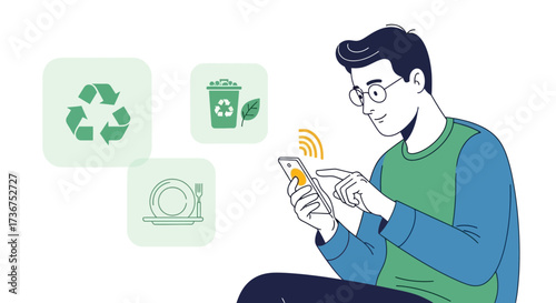 Man Using Smartphone For Recycling And Eco-Friendly Actions Modern Design
