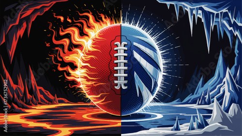 Fiery Lava vs Icy Glacier Fantasy Sports Ball Illustration – Fire and Ice Elemental Contrast for Competitive Themes