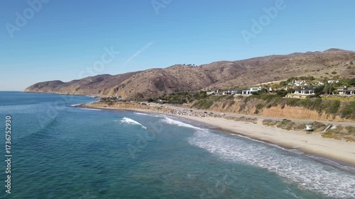 Aerial drone view of County Line Beach near Malibu, Los Angeles California, show the beautiful Pacific Coastline