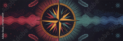 Vintage Compass Rose Illustration with Celestial Sun Moon Motif, Red Blue Split, Feathers and Stars, Mystical Night Sky Art