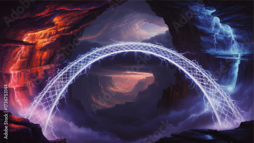 Futuristic glowing electric bridge spanning dramatic canyon, vibrant red and blue cliffs with magical lightning and mist, digital fantasy landscape
