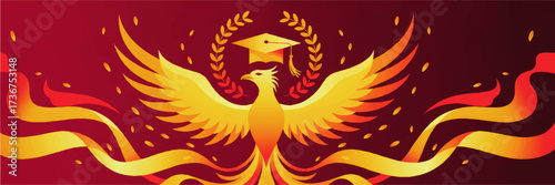 Majestic Phoenix with Graduation Cap and Laurel, Symbolizing Academic Success, Achievement, and New Beginnings – Vibrant Abstract Vector Illustration