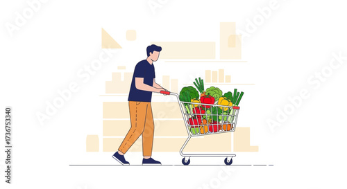 Man Doing Grocery Shopping, Pushing Full Cart With Vegetables in a Supermarket