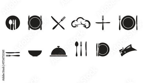 Set of fork, knife, spoon. Logotype menu. Set in flat style. Silhouette of cutlery.