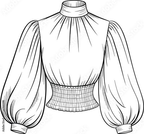 Women’s blouse fashion CAD vector, technical flat sketch front view, high neckline, puff long sleeves with cuffs, smocked waist, elegant vintage design