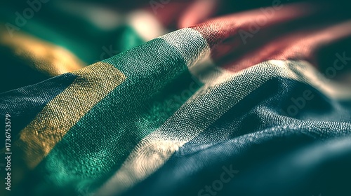 Waving South African flag close up with and intricate textures captured in natural
