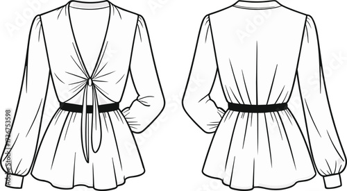 Women’s blouse fashion sketch, puff sleeve design, tie front neckline, peplum silhouette, technical CAD drawing, garment flat vector illustration design