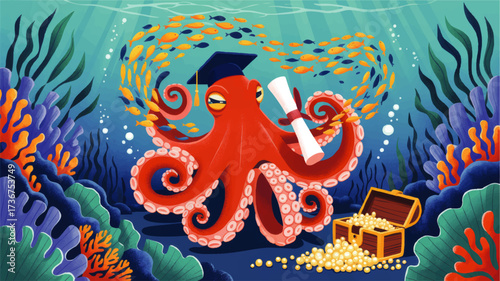 Intelligent Octopus with Graduation Cap and Diploma Underwater, Surrounded by Coral Reef, Fish School, and Treasure Chest – Educational Marine Cartoon Illustration