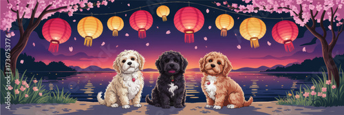 Three Cute Cartoon Dogs Sitting by Lake with Lanterns at Sunset, Cherry Blossom Trees, and Vibrant Evening Sky Illustration