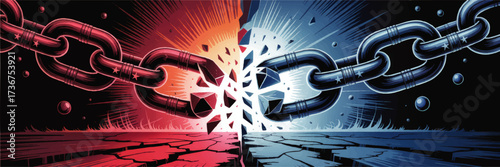 Dynamic Split Chain Symbolizing Breaking Free, Liberation, and Opposing Forces in Comic-Style Red and Blue Illustration