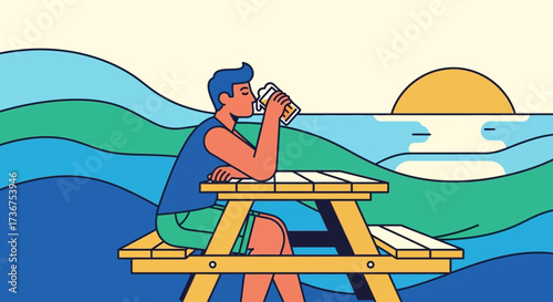 Man Drinking Beer at Beachside Picnic Table with Sunset Scenery at Leisure Time