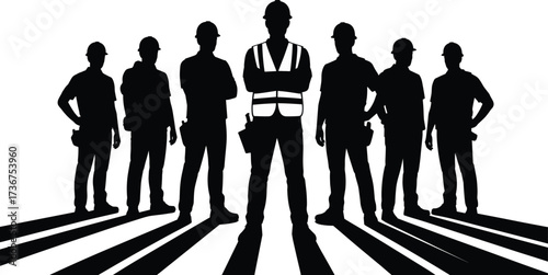 Construction team silhouettes with foreman leader, workers in hard hats and safety vest, contractor crew management teamwork illustration, builder supervisor vector silhouettes set