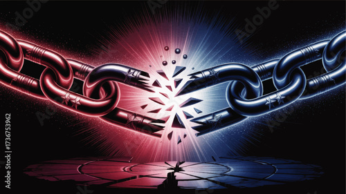 Shattered Metal Chain Link in Red and Blue Light, Symbolizing Conflict, Division, Power Struggle, and Breaking Barriers, Vector Illustration