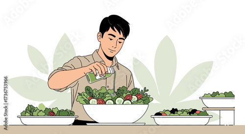 Man Dressing A Fresh Salad, Preparing A Healthy Meal With Natural ingredients