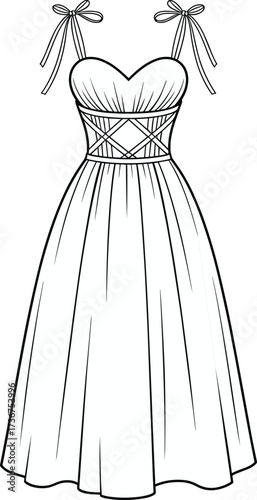 Sleeveless dress fashion sketch, sweetheart neckline, bow strap detail, corset waist design, pleated skirt, technical CAD drawing, flat vector illustration