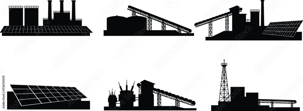 Naklejka premium Industrial energy facilities, solar panel vector, oil derrick illustration, conveyor system plant, technical flat drawing, hybrid power infrastructure, industrial design set