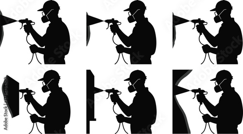 Silhouette of construction painter with spray gun, industrial worker painting wall surface, contractor laborer protective mask safety, paint sprayer vector silhouettes set