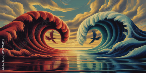Vibrant Surreal Waves With Birds at Sunrise – Red and Blue Ocean Wave Art Illustration, Duality Nature Landscape