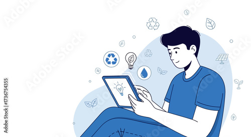 Man Using Tablet with Environmental Icons Concept for Green Energy and Sustainability
