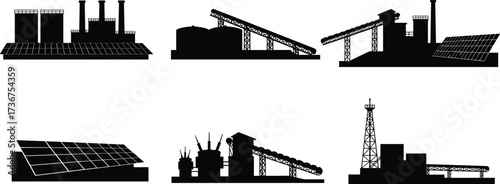 Industrial energy facilities, solar panel vector, oil derrick illustration, conveyor system plant, technical flat drawing, hybrid power infrastructure, industrial design set