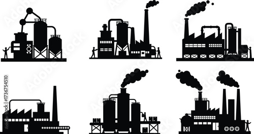Industrial factory silhouettes, energy plant vector, technical flat drawing, black building icons, smoke chimneys, industrial architecture, infrastructure design, worker activity illustration