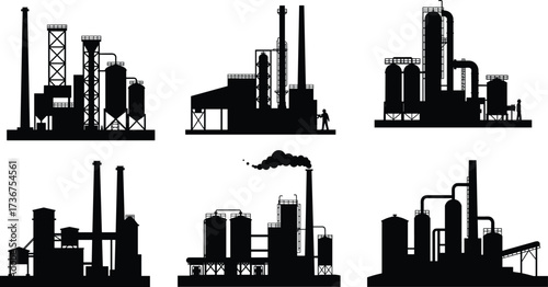 Industrial factory silhouettes, chemical plant vector, refinery illustration, technical flat drawing, black building icons, smoke chimneys, industrial infrastructure design