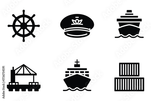 Nautical and shipping icons ship wheel captain hat cargo ship dock container