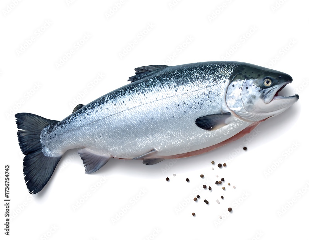 Obraz premium A whole, fresh salmon, showcasing its silvery scales and dark spots, lies against a pristine white background, with scattered peppercorns near its base.