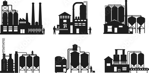 Industrial factory silhouettes, chemical plant vector, technical flat drawing, black building icons, energy production, industrial architecture, infrastructure design, factory illustration set