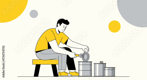 Man Effortlessly Opening Canned Goods in a Minimalist and Modern Flat Illustration Design