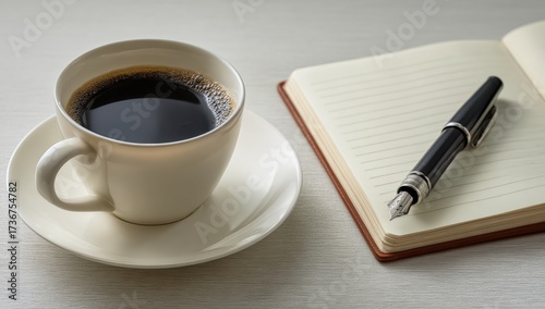 Cup of coffee sits on a saucer next to a pen and notebook. The scene suggests a moment of relaxation or contemplation