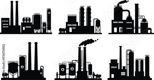 Industrial building silhouette, factory vector illustration, refinery plant design, chemical industry facility, power plant infrastructure, cad drawing flat vector illustration
